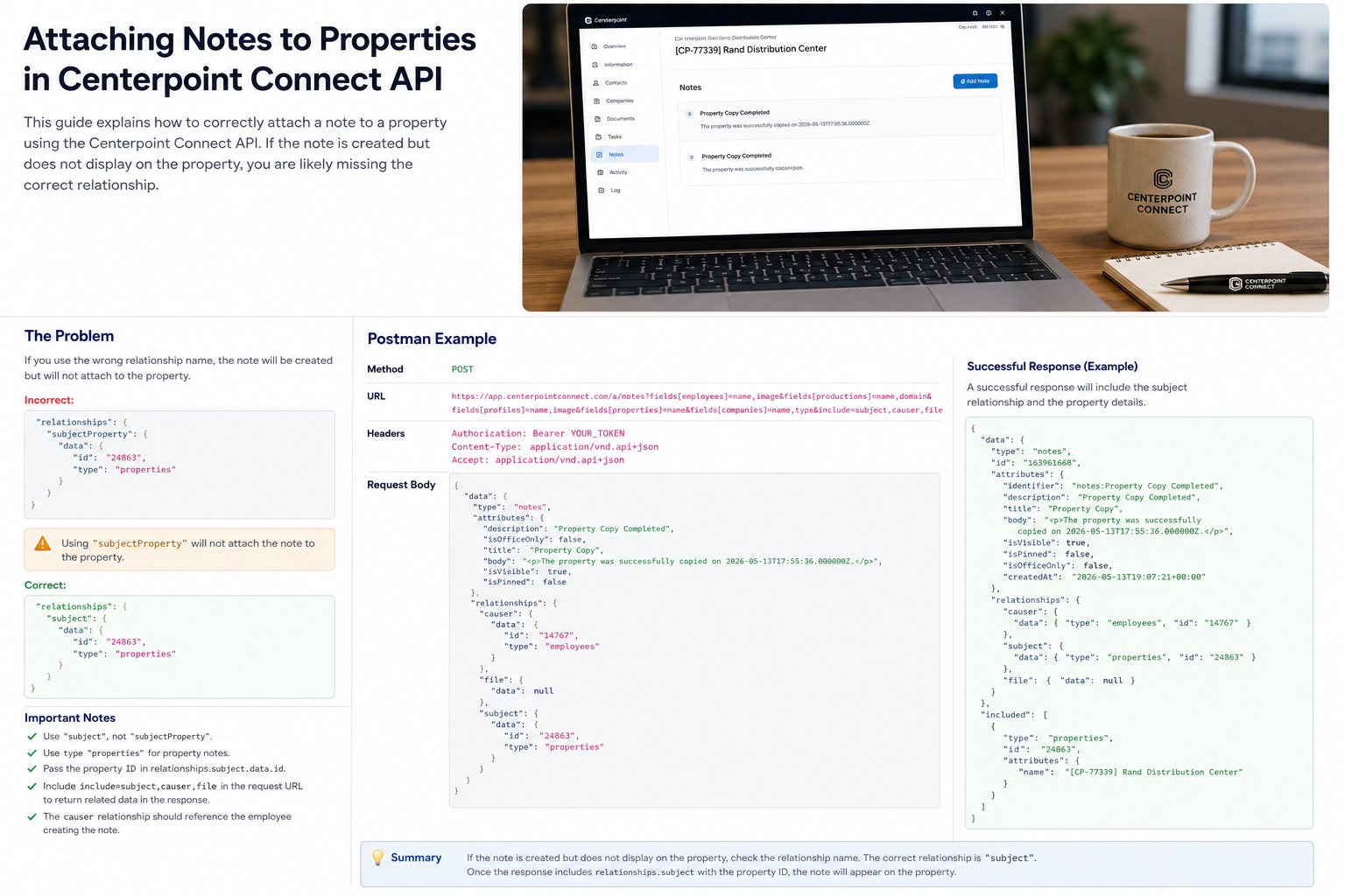 Attaching Notes to Properties in Centerpoint Connect API